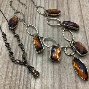 VCLM Bundle Dangling Faceted & Victorian Rhinestone Gold Tone Necklace